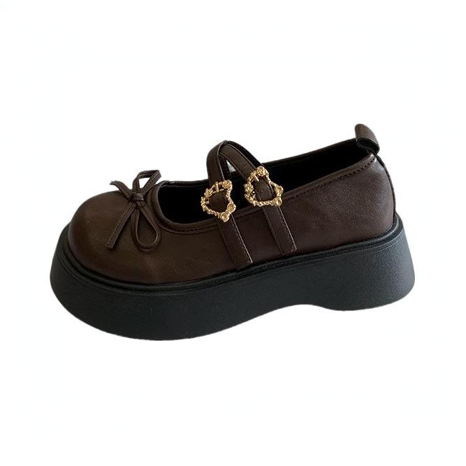 Vintage Round Head Heightening Lolita Small Leather Shoes Women's 2025 Autumn Sweet Bow Versatile Mary Jane Single Shoes