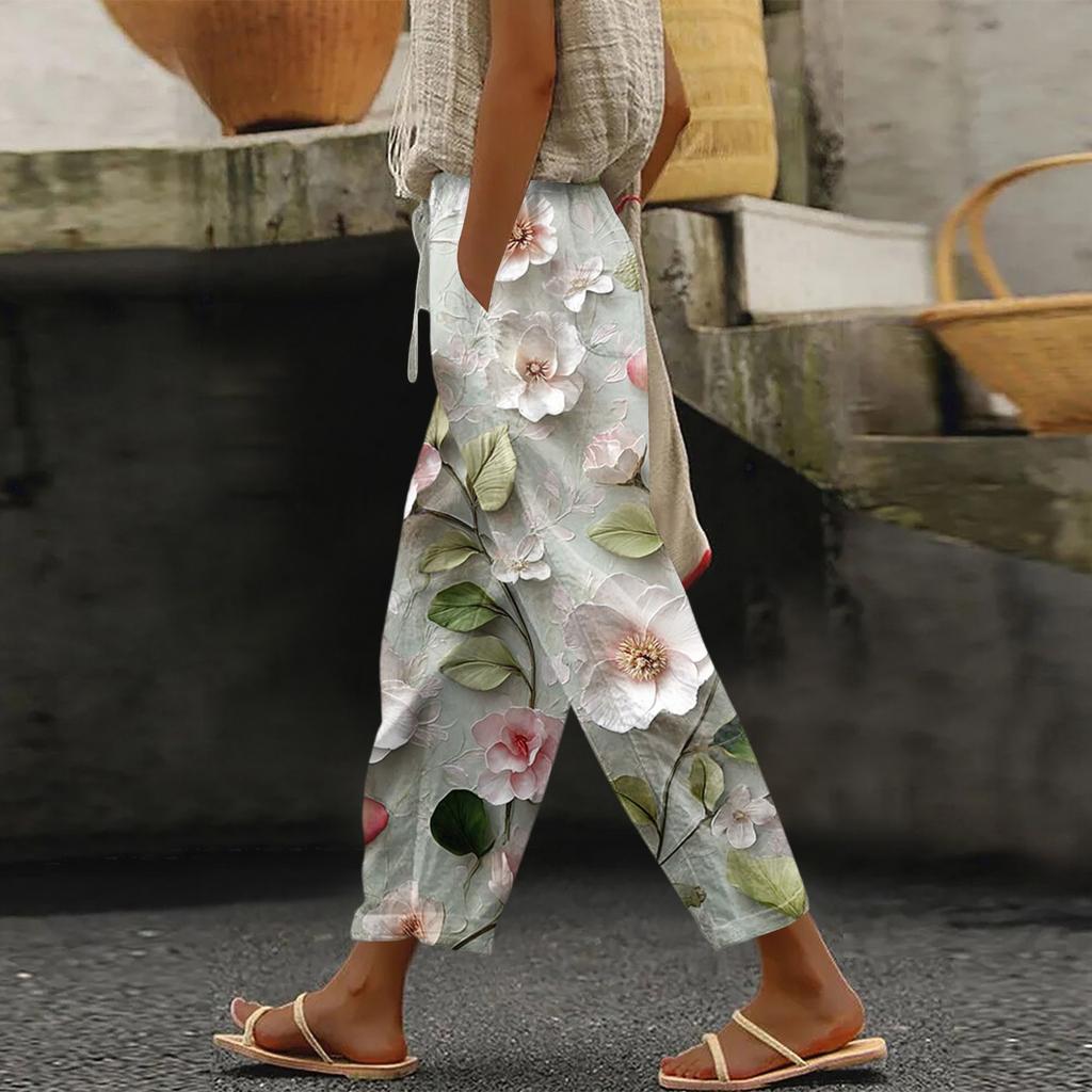 Damen Modische Hose mit Blumenmuster, Kordelzugtaschen und elastischem Bund für Freizeit