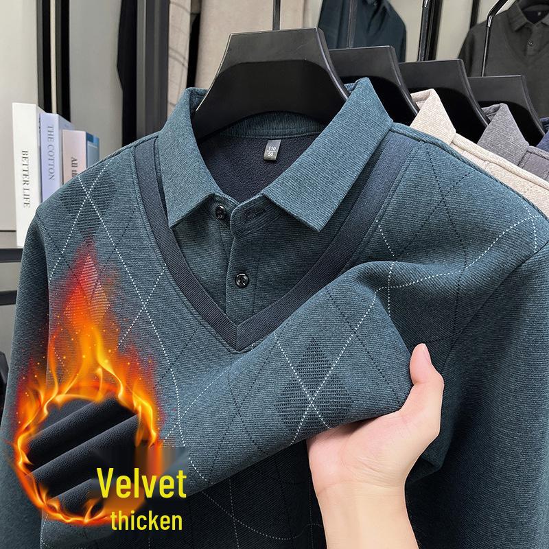2025 Winter Men's Faux Two-Piece Sweater: New Thick Knit with Shirt Collar and Warm Velvet Layer