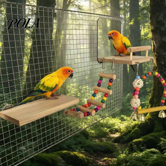 Niet-reflecterende Vogelspiegel 1 Set Kooi Papegaai Speeltjes, Houten Zitstok Platform met Spiegel, Ladder, Kleurrijk Acryl Veiligheid voor Vogels Kralen Belletjes Schommel,