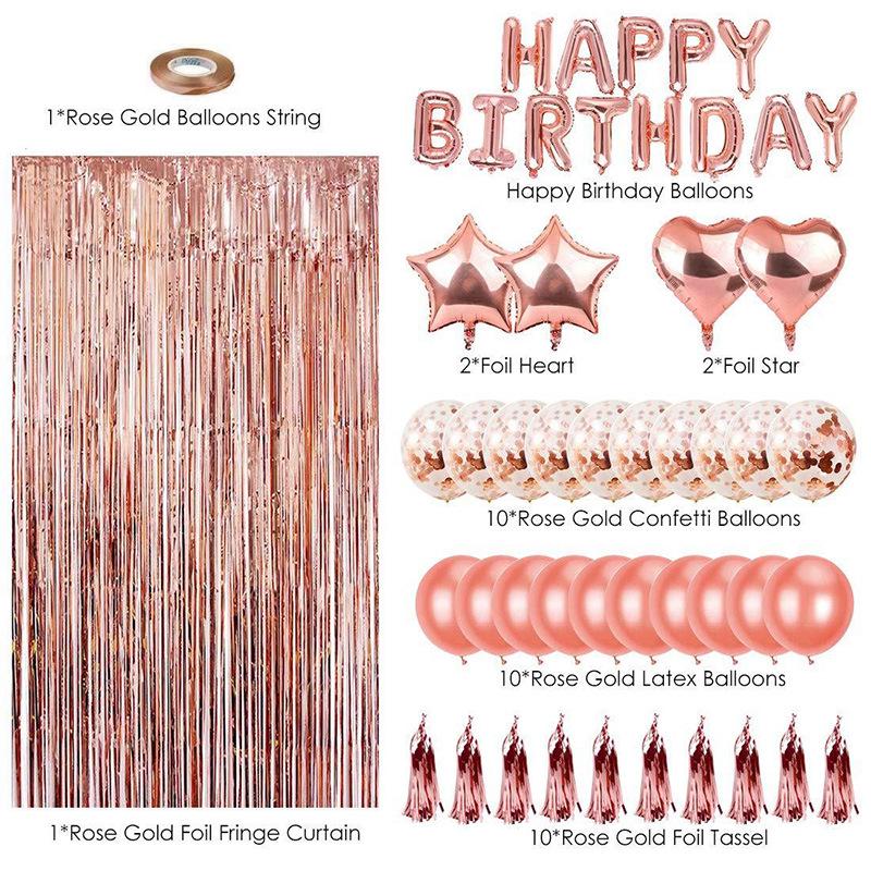 Rose Gold Birthday Party Sequin Tassel Backdrop and Balloon Set