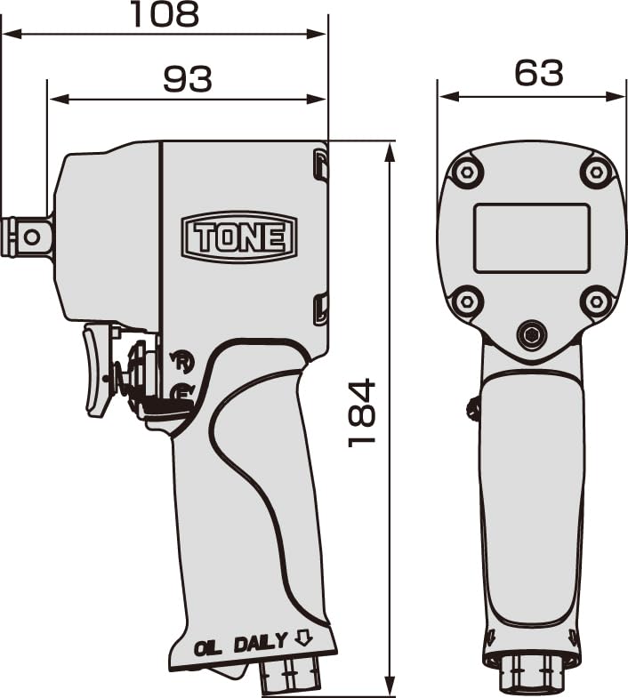TONE Air Impact Wrench Black Carbon (Short Type, Handle) AI4201CB, 12.7mm (1/2") Drive, 610N·m Right-Hand, 700N·m Left-Hand