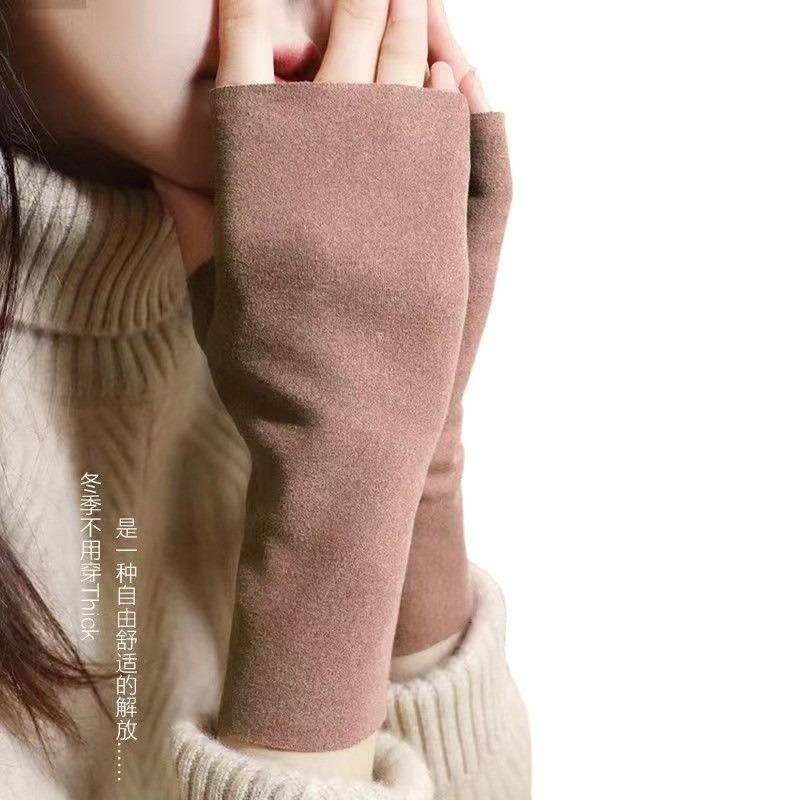 Autumn and Winter Warm Writing German Velvet Self-heating Fashion Autumn and Winter Half-finger Gloves Student Version Gloves Warm and Cold-proof