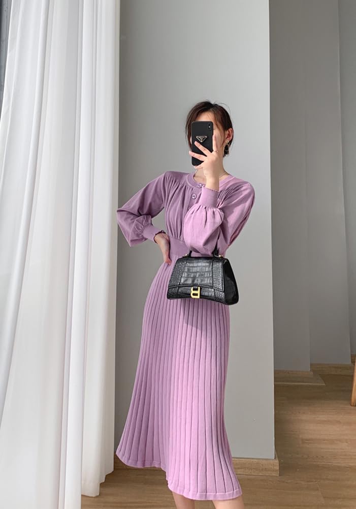 Vilaria Knit Long Round Solid Casual Women's Dress, Sleeve, Neck, Flattering, Autumn/Winter, Color, Stylish,