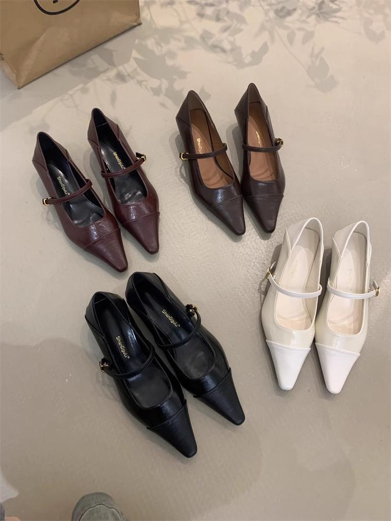Retro Design Sense Splicing Single Shoes Women's 2025 Spring and Autumn New Versatile Thick Heel Pointed One-word Buckle Temperament Flat Shoes