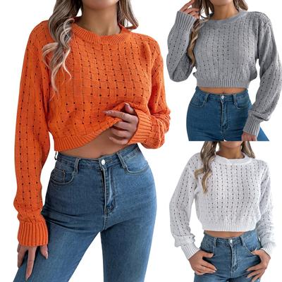 Women's Fashion Casual Loose Round Neck Sexy Backless Button Hollow Solid Color Long Sleeve Sweater Pullover Top