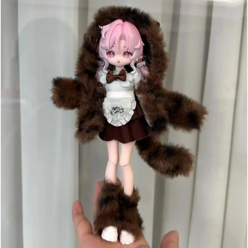 For 1/8 1/12 OB11 BJD Doll Clothes Set - Winter Plush Maid Outfit Cute Warm Doll Dress Up Accessories (Only Clothes)