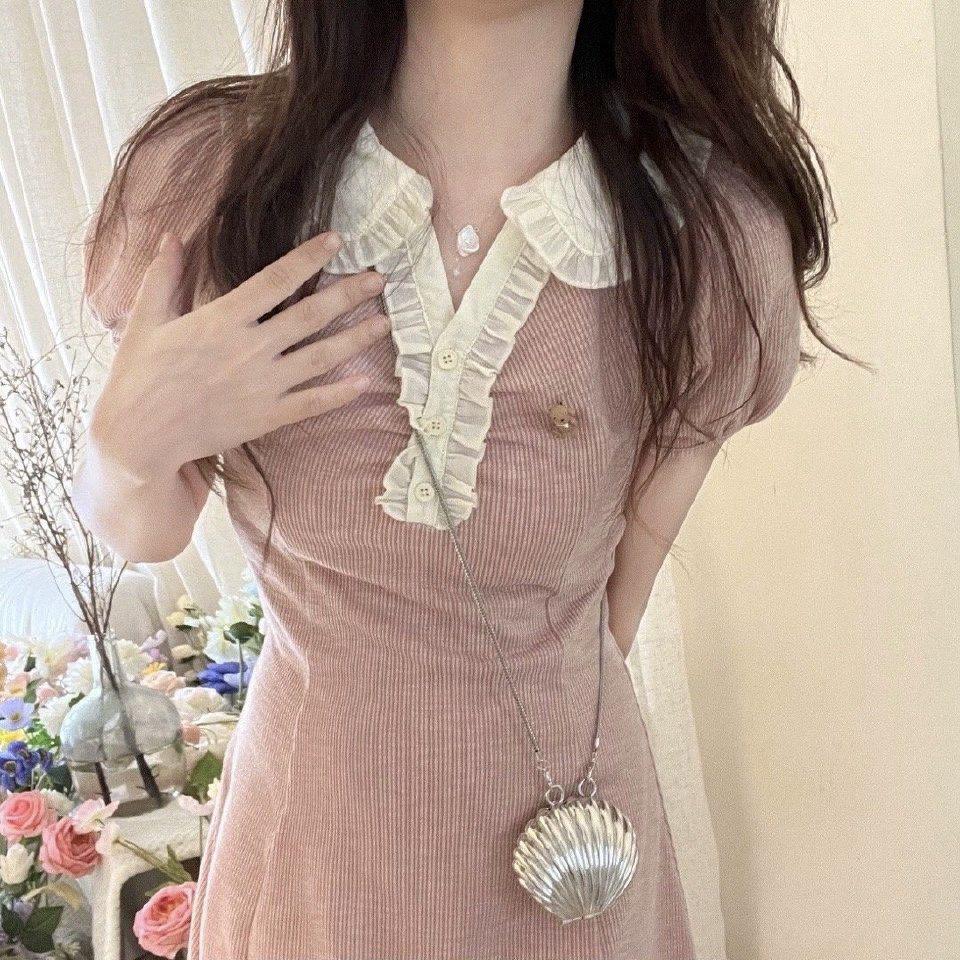 Summer Soft Girl Japanese Lace Polo Dress: Cute, Versatile A-line with Waist-Cinching Design for Women and Students