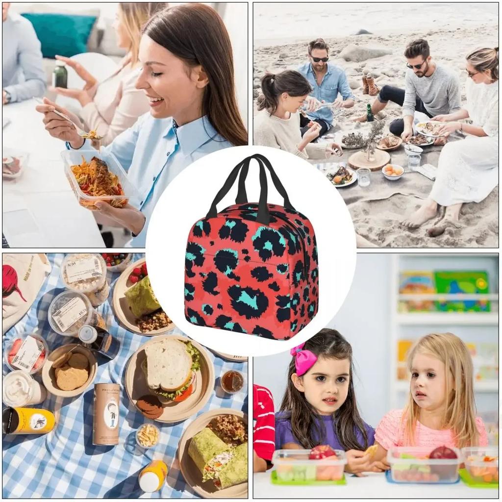 Reddish Leopard Mixed With Neon Patches Portable Lunch Bag Animal Skin Ice Cooler Pack Insulation Picnic Food Storage Bags