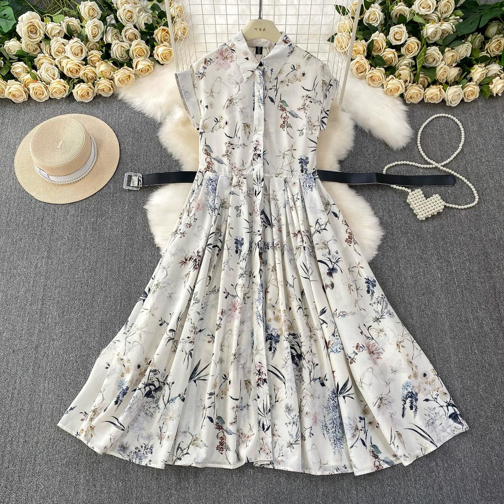 Sommer Damen Casual Kurzarm Umlegekragen Einreiher Lang Midi Print Partykleider mit Gürtel
