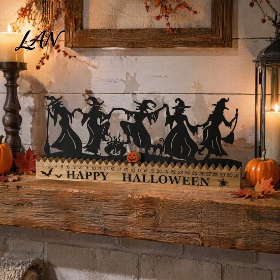 Halloween Office Decor Dancing Witch Countdown Table Ornament, Rustic Wooden Home Unique Holiday Calendar for Party Centerpiece, Spooky Haunted House