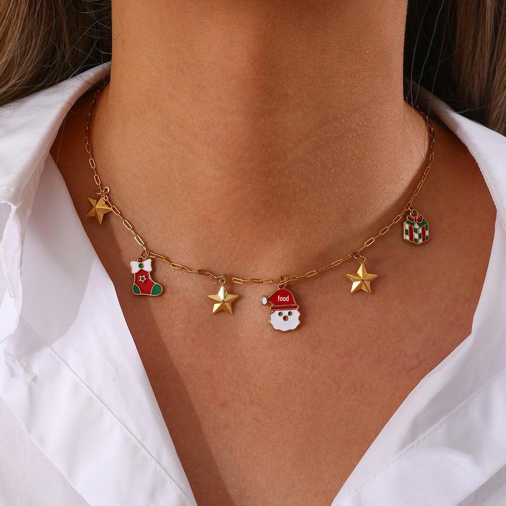 Women's Christmas Multi-Pendant Santa Claus & Reindeer Necklace - Titanium Steel
