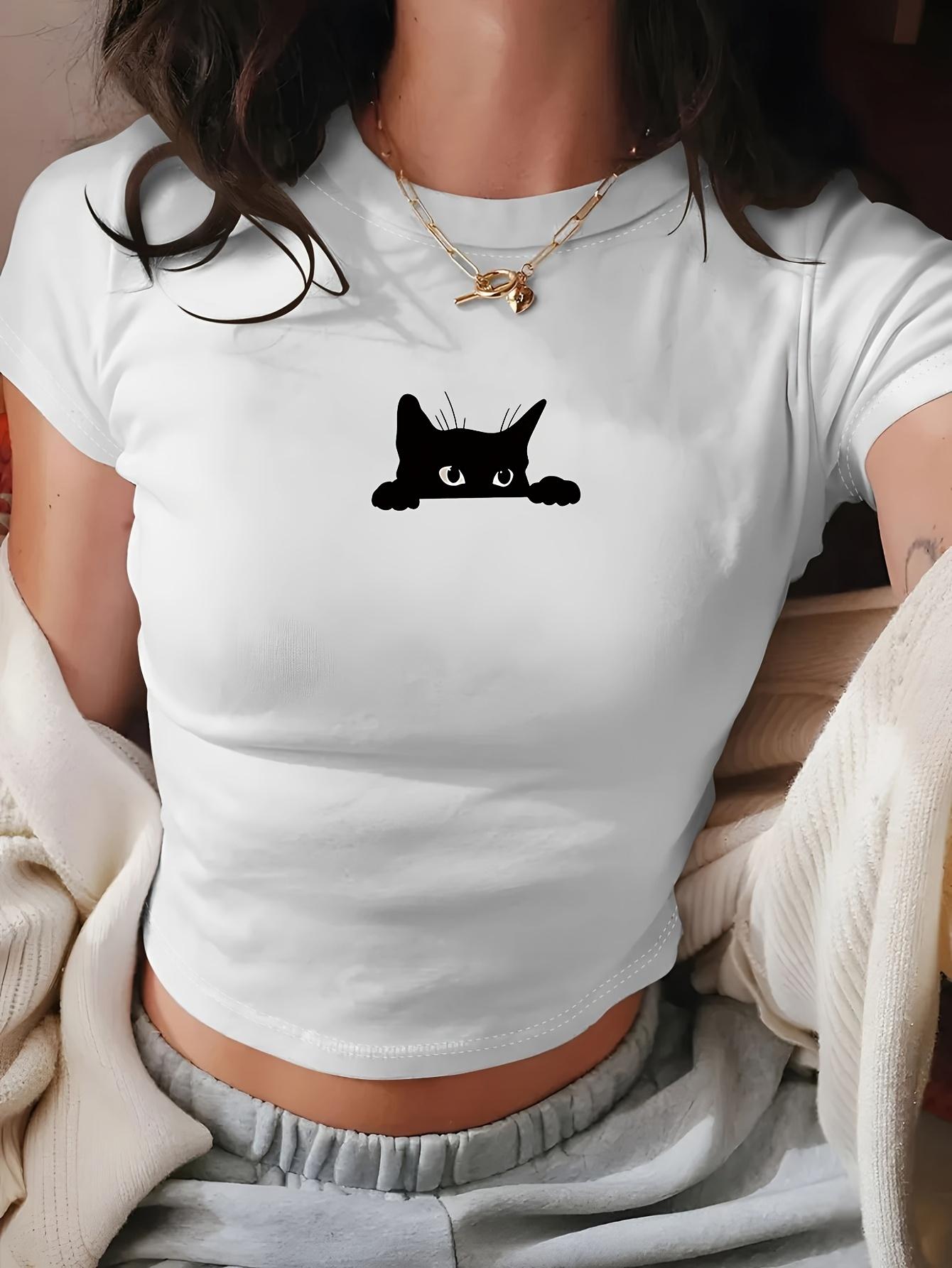 

Женская укороченная футболка с игривым принтом черного кота, выглядывающего из-за угла, для повседневной носки, на день рождения, в стиле Харадзюку, с коротким рукавом, повседневная S