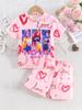 Costum Sport Kawaii cu Imprimeu Anime pentru Copii Design cu Scrisoare Norocoasă Tricou cu Mânecă Scurtă și Pantaloni Scurți Set din 2 Piese Haine Casual de Vară pentru Fete