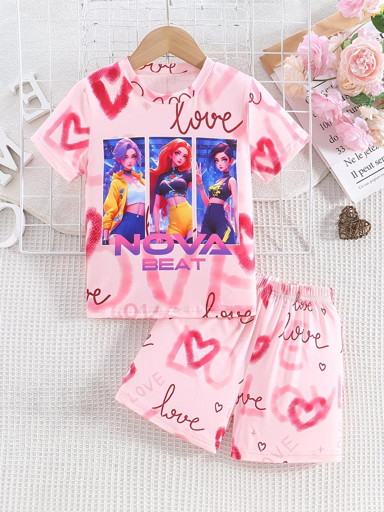 Costum Sport Kawaii cu Imprimeu Anime pentru Copii Design cu Scrisoare Norocoasă Tricou cu Mânecă Scurtă și Pantaloni Scurți Set din 2 Piese Haine Casual de Vară pentru Fete