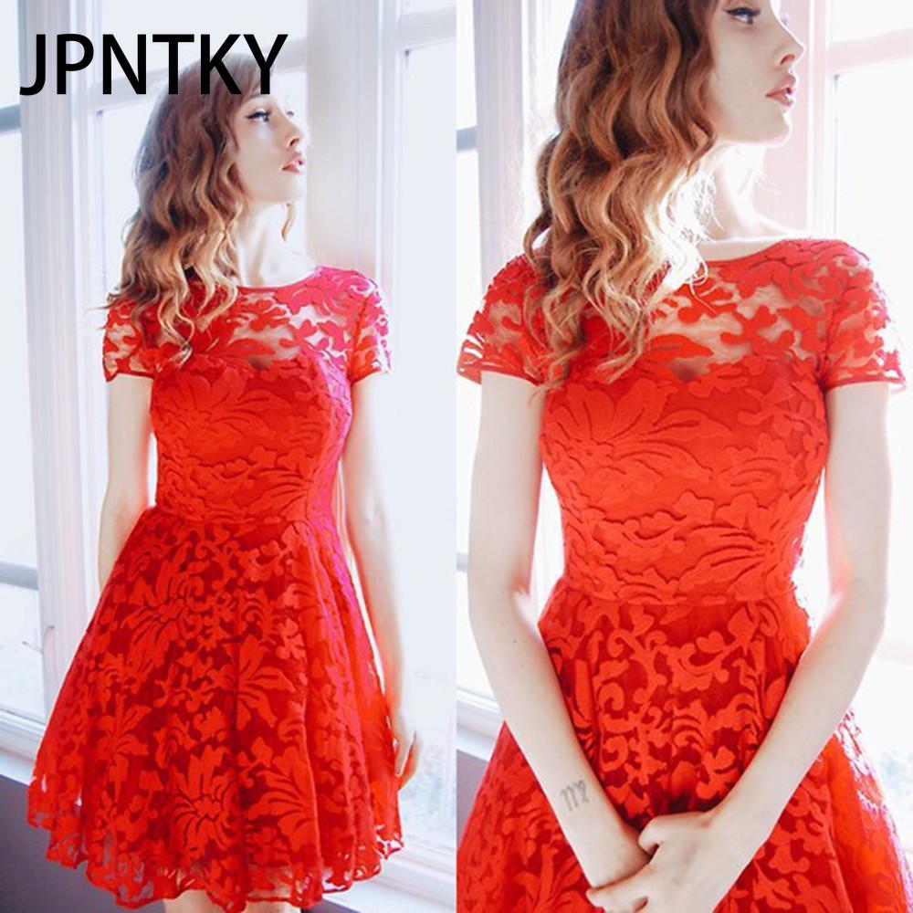 

JPNTKY Очаровательное платье из тонкого кружева с круглым вырезом и короткими рукавами XXXXXL красный