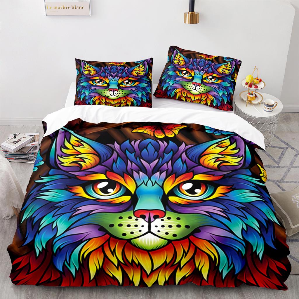 Cat Duvet Cover Set King Size Cute Cats Pattern Bedding Set Decorative Animal Polyester Comforter Cover with Pillowcases for Kid