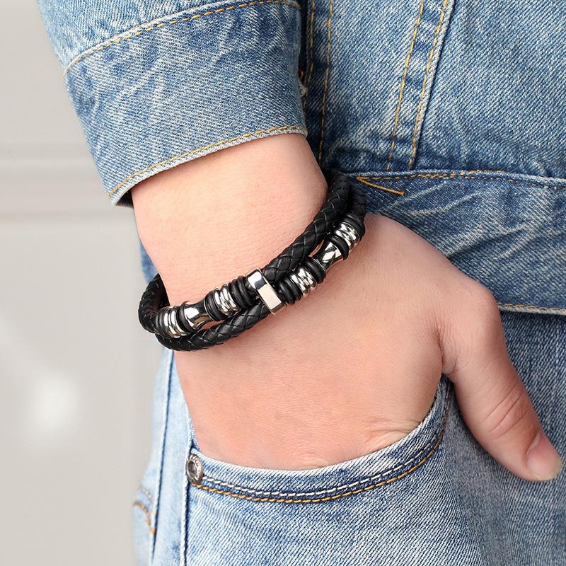 Men's Lucky Bead Bracelet Black Leather Cord Punk Retro Hip Hop Streetwear Stainless Steel Wristband