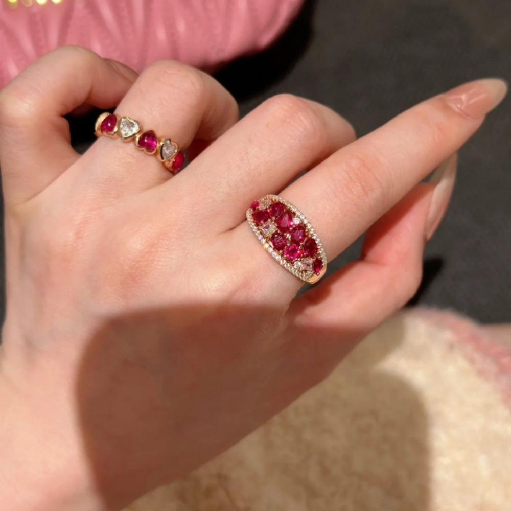 Vintage Open Ring Red Bubble Corundum Chinese Style Elegant Adjustable Women Jewelry