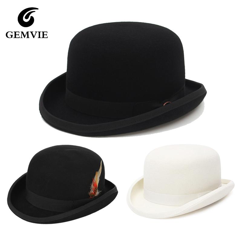GEMVIE 4 Sizes 100% Wool Black Beige Felt Derby Bowler Hat with Feather Women Men Party Formal Fedora Costume Magician Hat