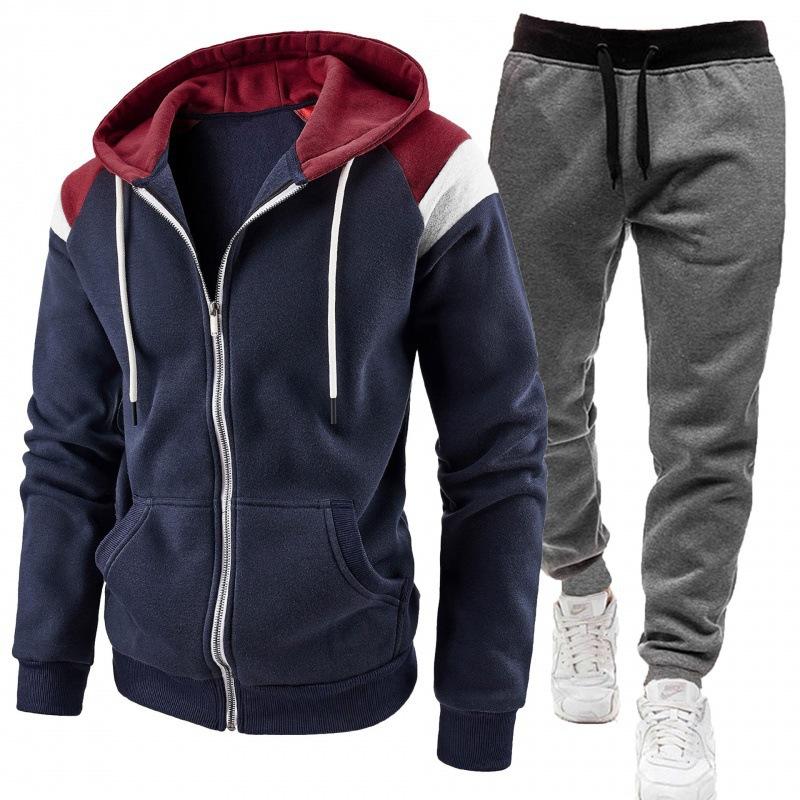 

Men s 2-Piece Tracksuit Color Block Zip-Up Hoodie Sweatpants Casual Sports Jogger Set XXXL темно-синього кольору