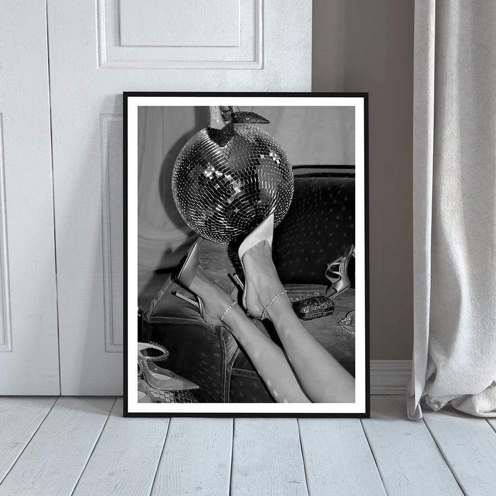 High Heels Disco Ball Print Black and White Fashion Poster Trendy Wall Art Pictures Party Girly Dorm Room Decor Canvas Painting