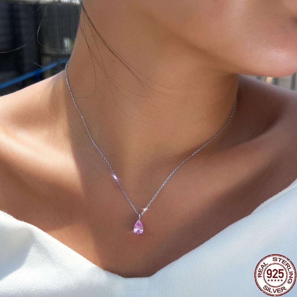 Pear Cut Twinkling Zircon Pink CZ Waterdrop Sterling Silver Chain Pendant Necklace for Women Everyday Wear Jewelry Anniversary