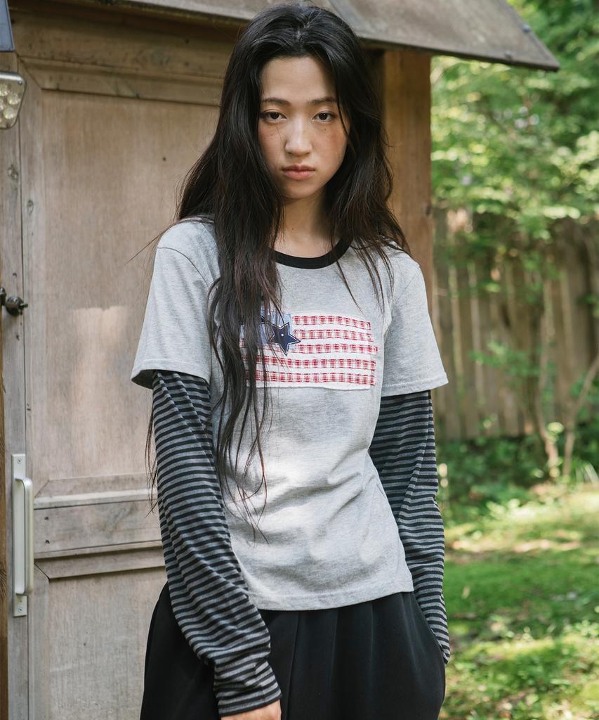 CAVISH Old Glory Ringer Layered Ls Tee Gray(Cv2Gfft558A)