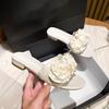 Fashion Lace Flower Decoration Slippers Women Low Heel Slides Summer Shoes Woman Floral Flip Flops Black White Leather Sandalias Mujer