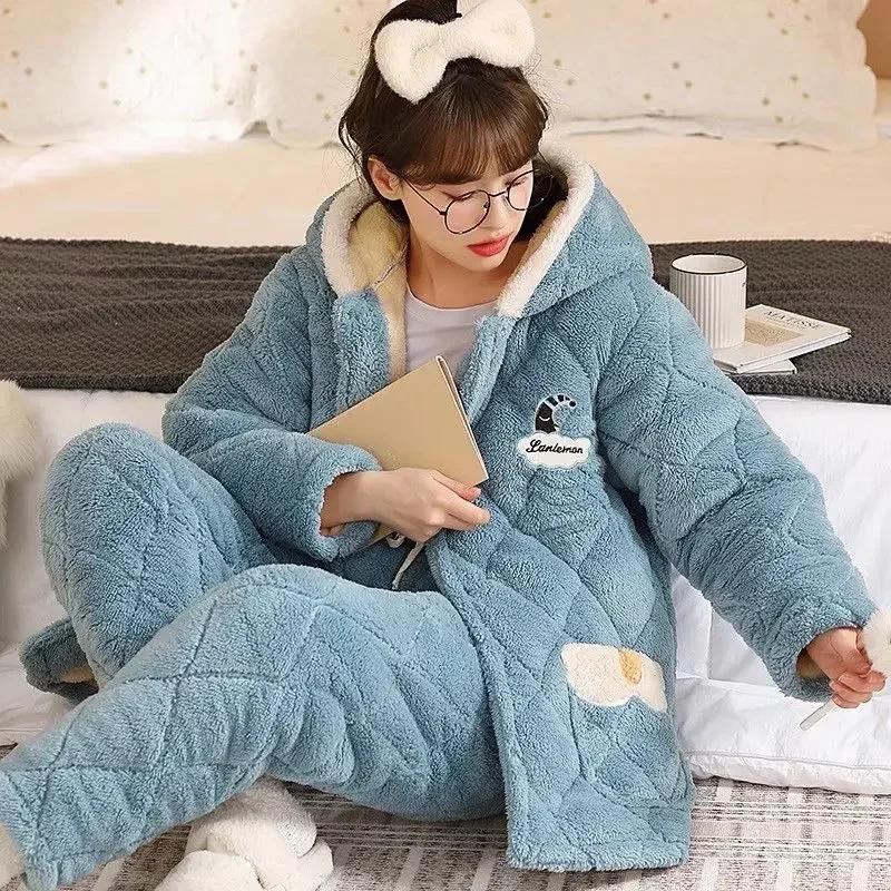 Sleepwear Women Winter Home Sleep Clothes Three Layer Thick Cotton Nightgown Flannel Coral Fleece Warm Coat Large Homewear Set