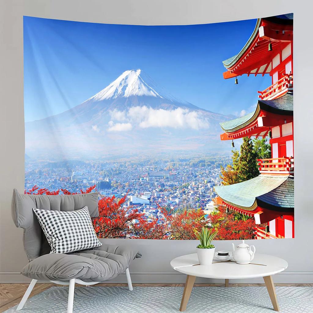 Japan Mount Fuji Tapestry Red Pagoda Tapestry Natural Landscape Tapestry Aesthetic Home Decor Tapestries for Living Room Bedroom