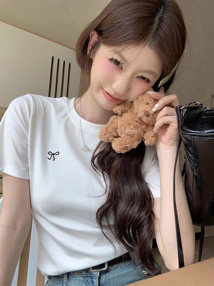 Women's 2025 Korean Style Bowknot Embroidered Slim Fit T-Shirt, Short Sleeve, Round Neck