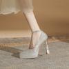 Skinny Pointed Thick Heel Mary Jane High Heels Women's Waterproof Table Satin One-word Button Rice Silver Wedding Shoes Single Shoes