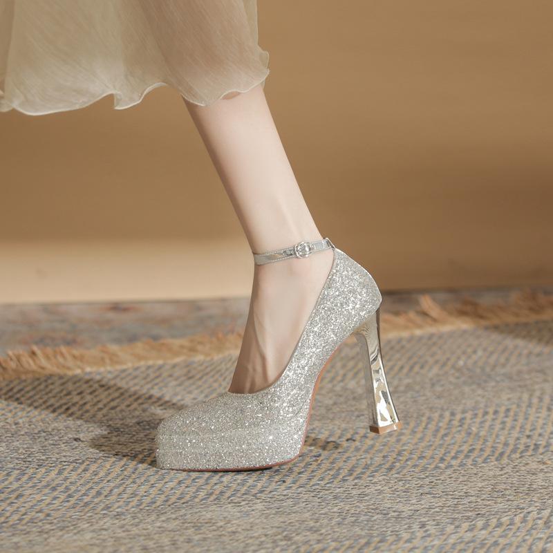 Skinny Pointed Thick Heel Mary Jane High Heels Women's Waterproof Table Satin One-word Button Rice Silver Wedding Shoes Single Shoes