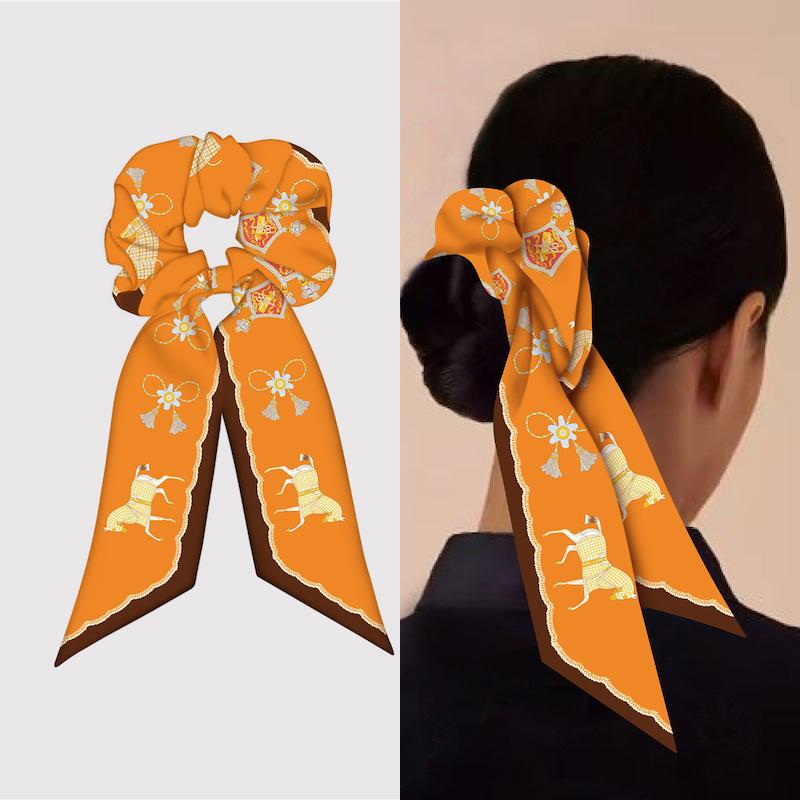 Girl Hair Silk Scarf Lady Elastic Scrunchies Ties Band Accessories Luxury Design Horse Print Ponytail Hairstyle Hairbands Ribbon