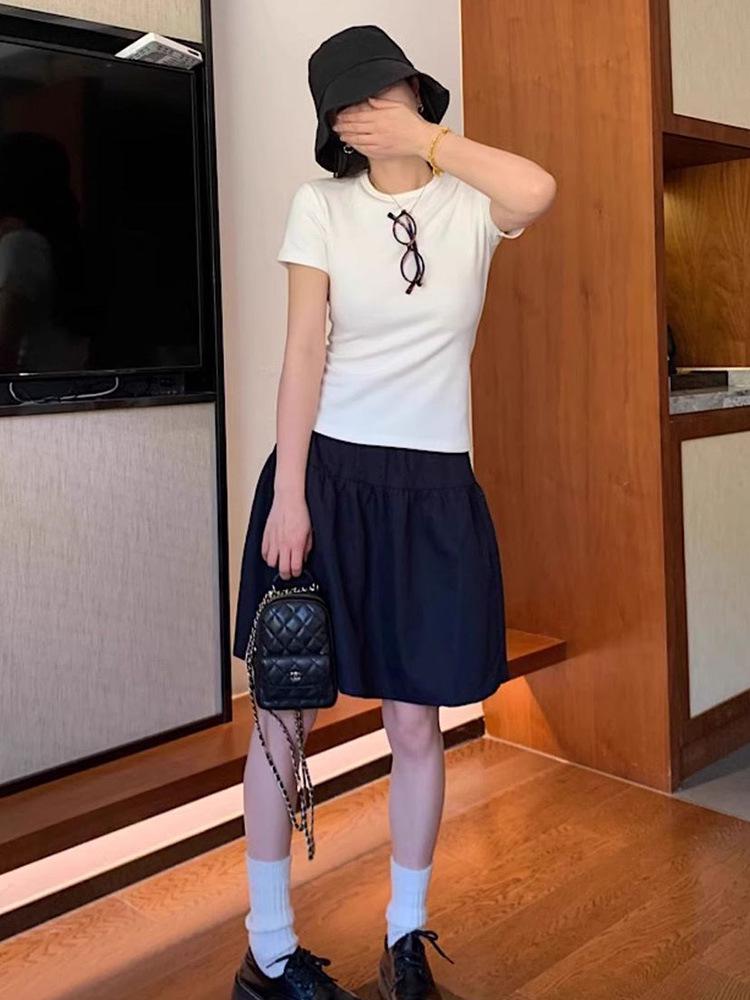 Women's Navy Blue High-Waisted A-Line Skirt, Slimming & Anti-Exposure, Tiered Japanese Academy Style, Half-Length Short Skirt