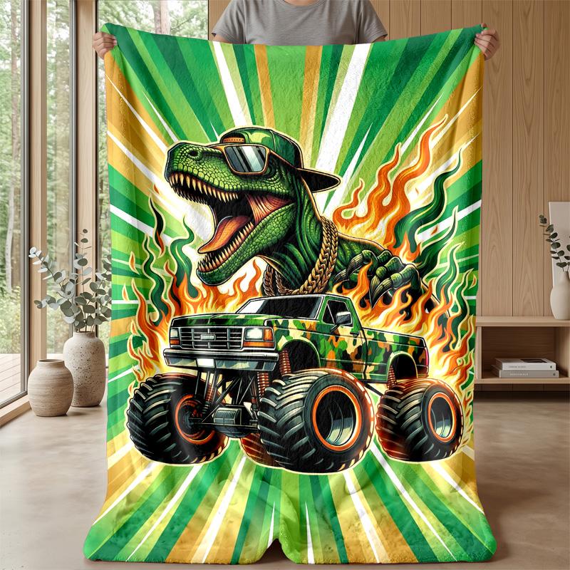 Dinosaur Monster Truck Adventure Blanket Personalized Name Flannel Blanket Soft Cozy Plush Throw for Sofa Bed Lightweight Home Decor
