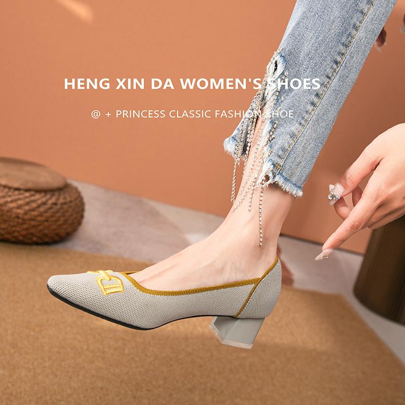 Coarse heel single shoes women's shoes knitted spring and autumn embroidery Japanese medium heel flying knitting temperament high heel