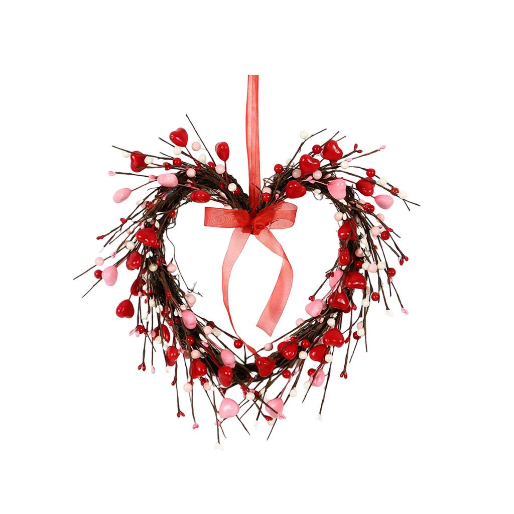 38cm Realistic Heart-shaped Floral Wreath, Valentine's Day Ribbon Pendant, Wedding Wreath Decoration.