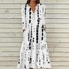 Women's Summer Casual V-Neck Button Retro Geometric Print Three-quarter Sleeve Long Dress With Pockets