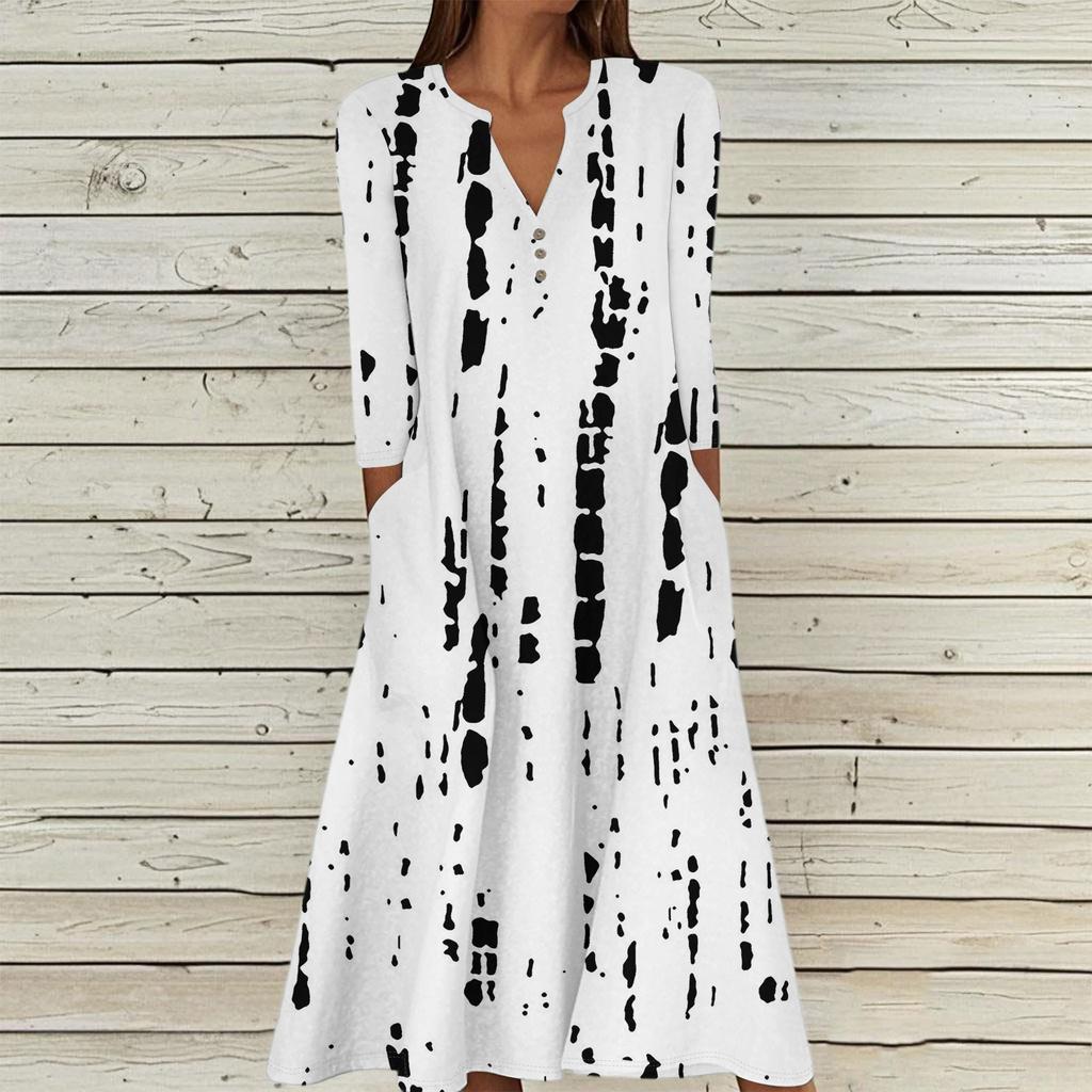 Women's Summer Casual V-Neck Button Retro Geometric Print Three-quarter Sleeve Long Dress With Pockets