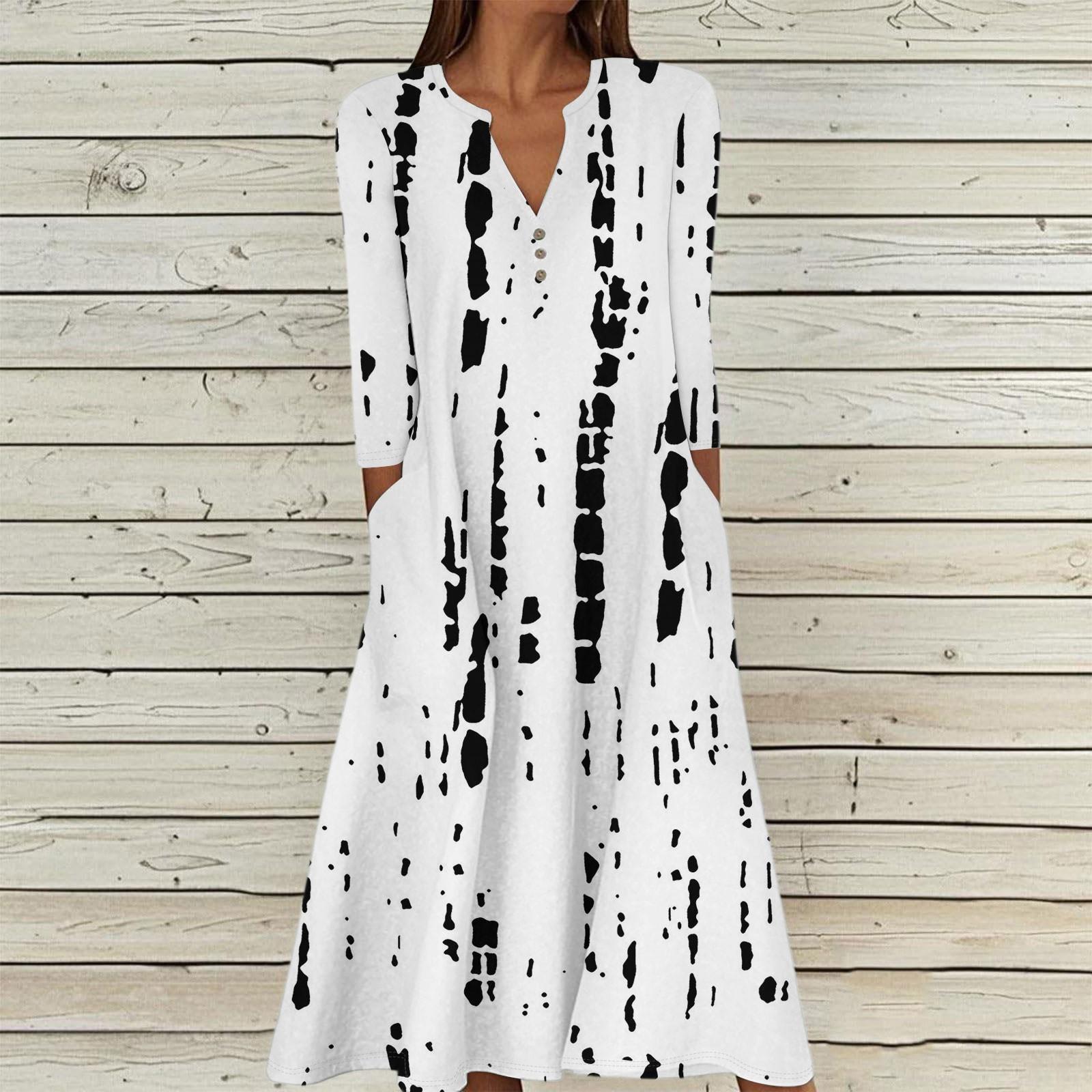 

Женское летнее повседневное платье с V-образным вырезом на пуговицах, в стиле ретро, с геометрическим принтом, рукавами три четверти и карманами XL белый