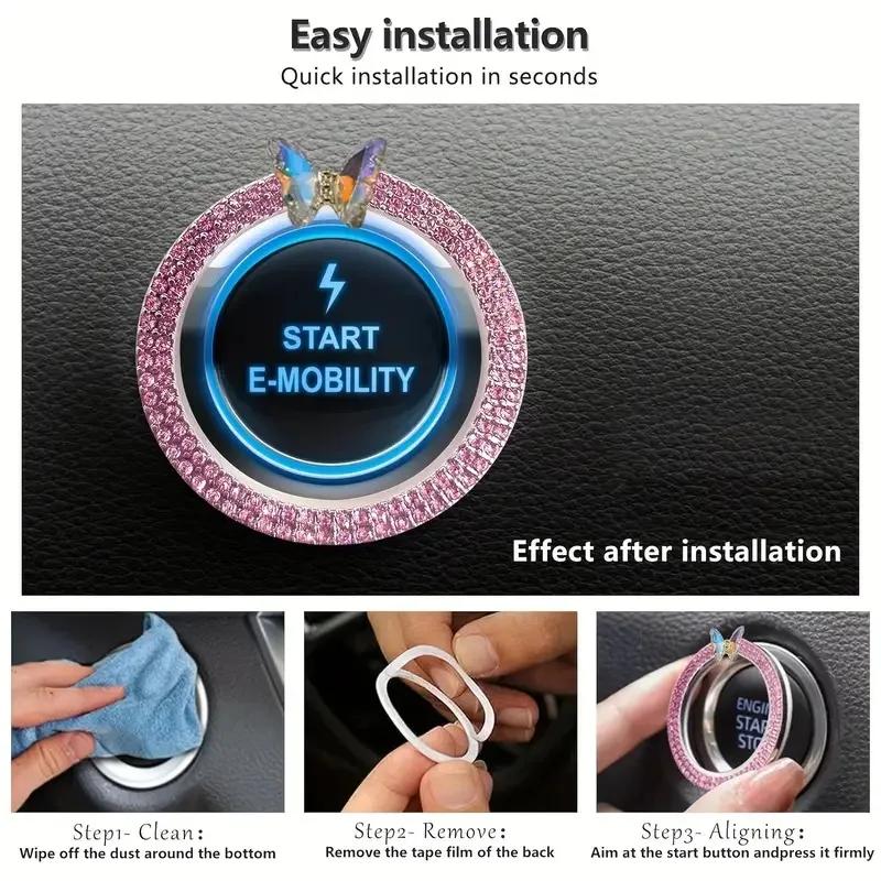 1PC Car Diamond One Click Start Decorative Ring Button Car Water Diamond Decorative Cover Protective Cover Decorative Ring