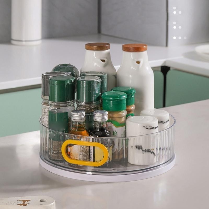 652F Turntable Crystal Rotating Spice Rack Cabinet Pantry Table Tray with Handle Serving Clear Plate Easy to Spin