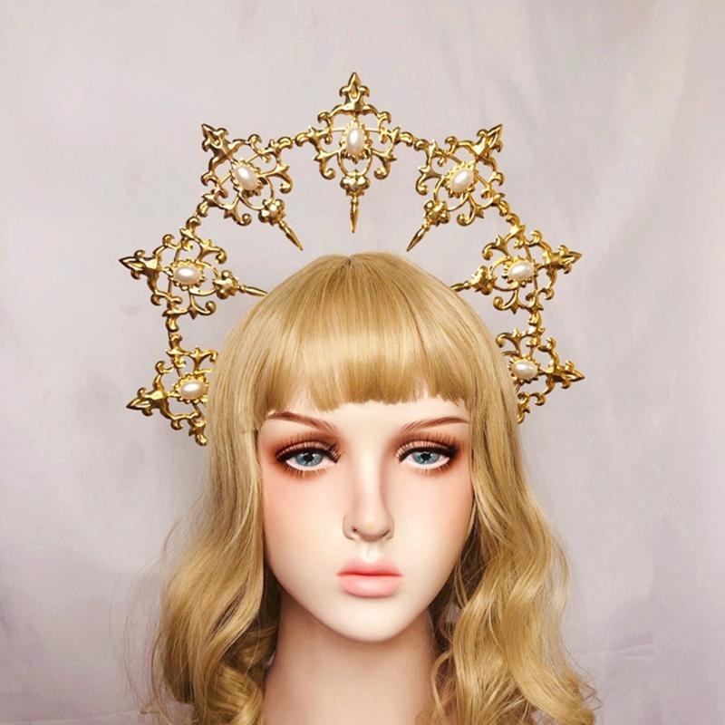 Womens Mary Halos Crowns Headband Spiked Gold Tiara Hair Accessories Goddess Headpiece Headdress for Cosplay