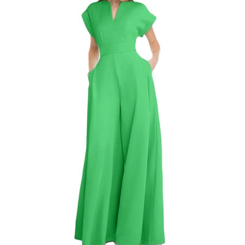 European and American Loose Fashion Short Sleeve V-neck Solid Wide Leg Jumpsuit V-Neck Wide Leg Jumpsuit