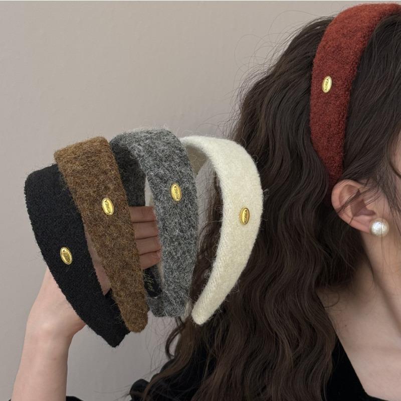 Wool Oval Gold Label Wide Hair Band for Autumn and Winter, High Top Hairpin, High-end Headband for Going Out