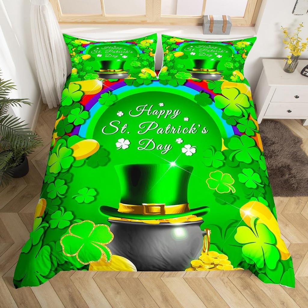St. Patrick's Day Duvet Cover Queen Cartoon Green Clover Leaves Quilt Cover Holiday Spring Lucky Theme Bedding Set for Dorm Room