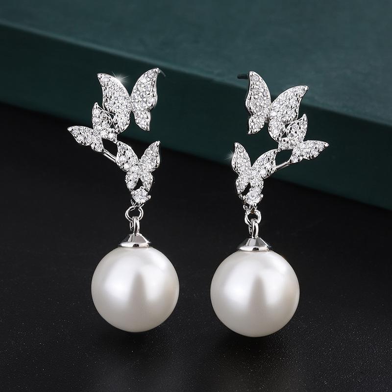 Jewelry Copper Bottom Gold-Plated Inlaid White Beads Butterfly Handmade Diamond Set 14Mm12Mm