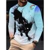 Men Halloween Crescent Moon Black Cat Graphic Long Sleeve T‑Shirt 3D Print Crew Neck Casual Pullover Streetwear Tops